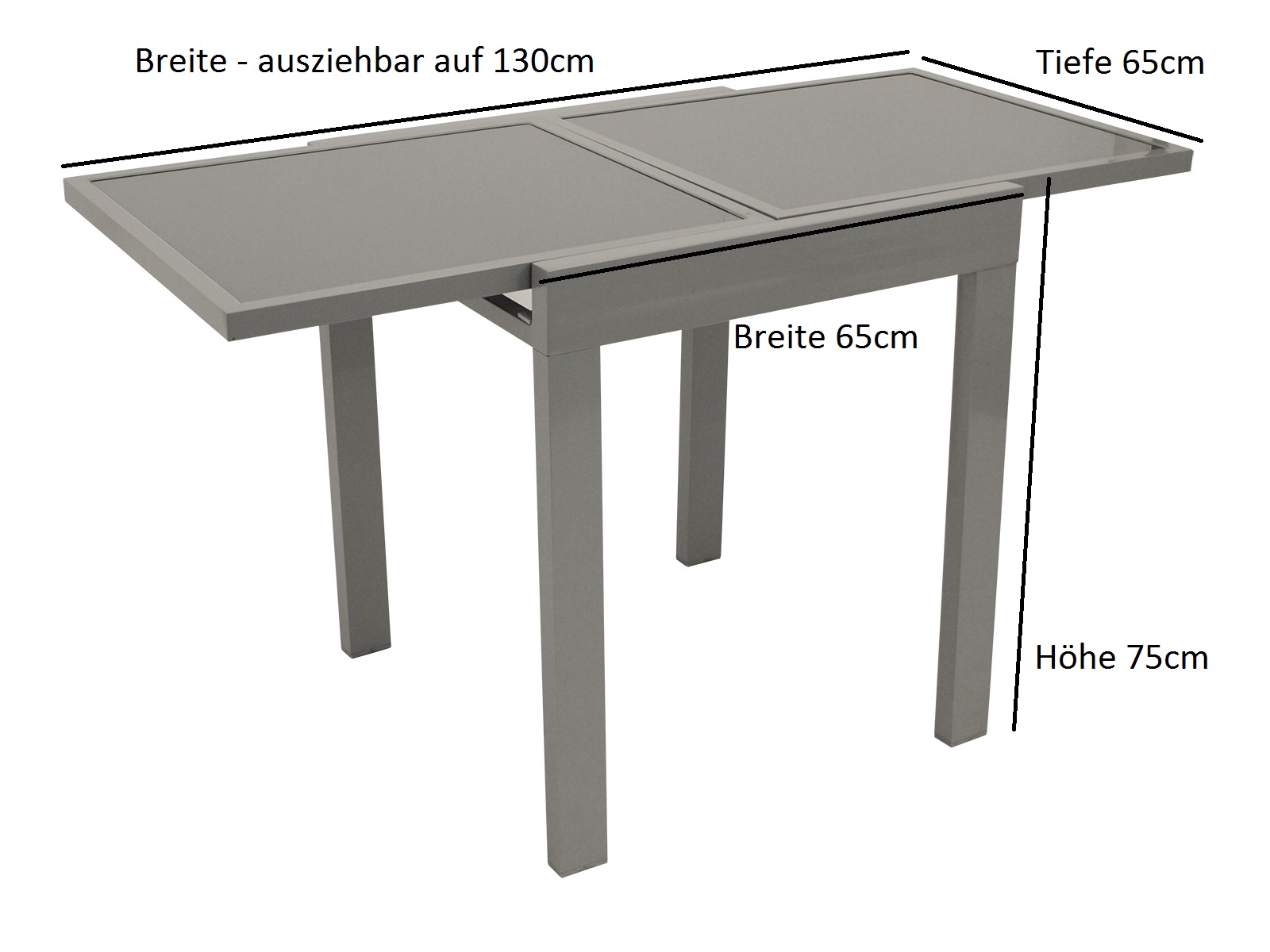 Balkon-Ausziehtisch AMALFI 65/130x65cm, Aluminium silbergrau + Glas grau