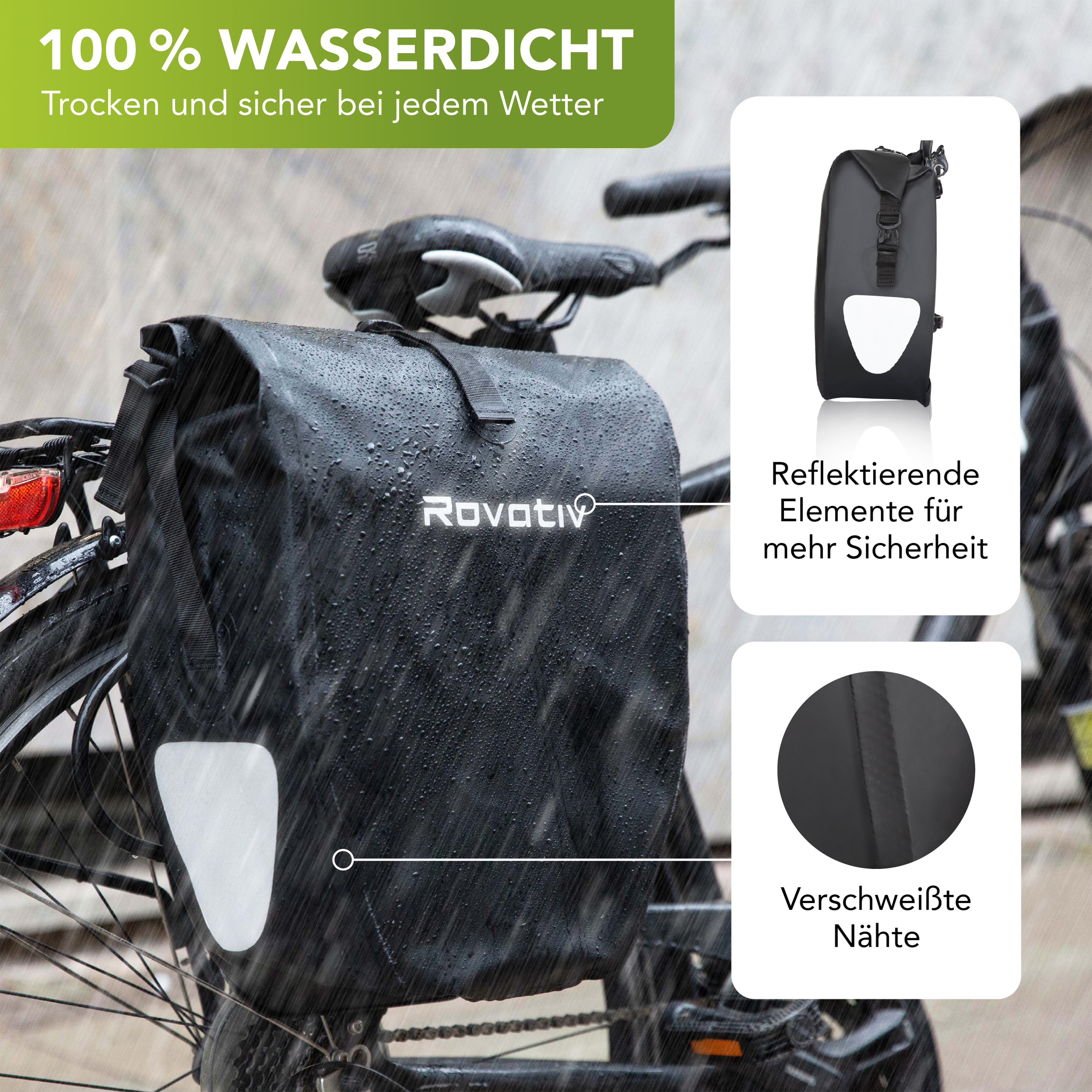 Fahrradtasche von Rovativ, 25 Liter schwarz, wasserdicht