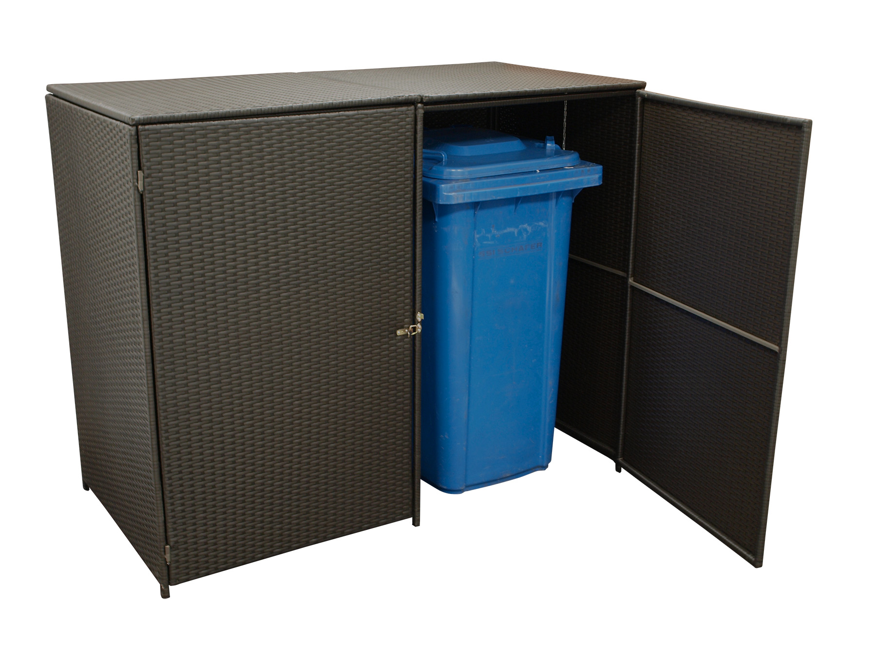 Mülltonnenbox Stahl + Polyrattan mocca, 150x78x123cm, für 2 Tonnen bis 240 Liter