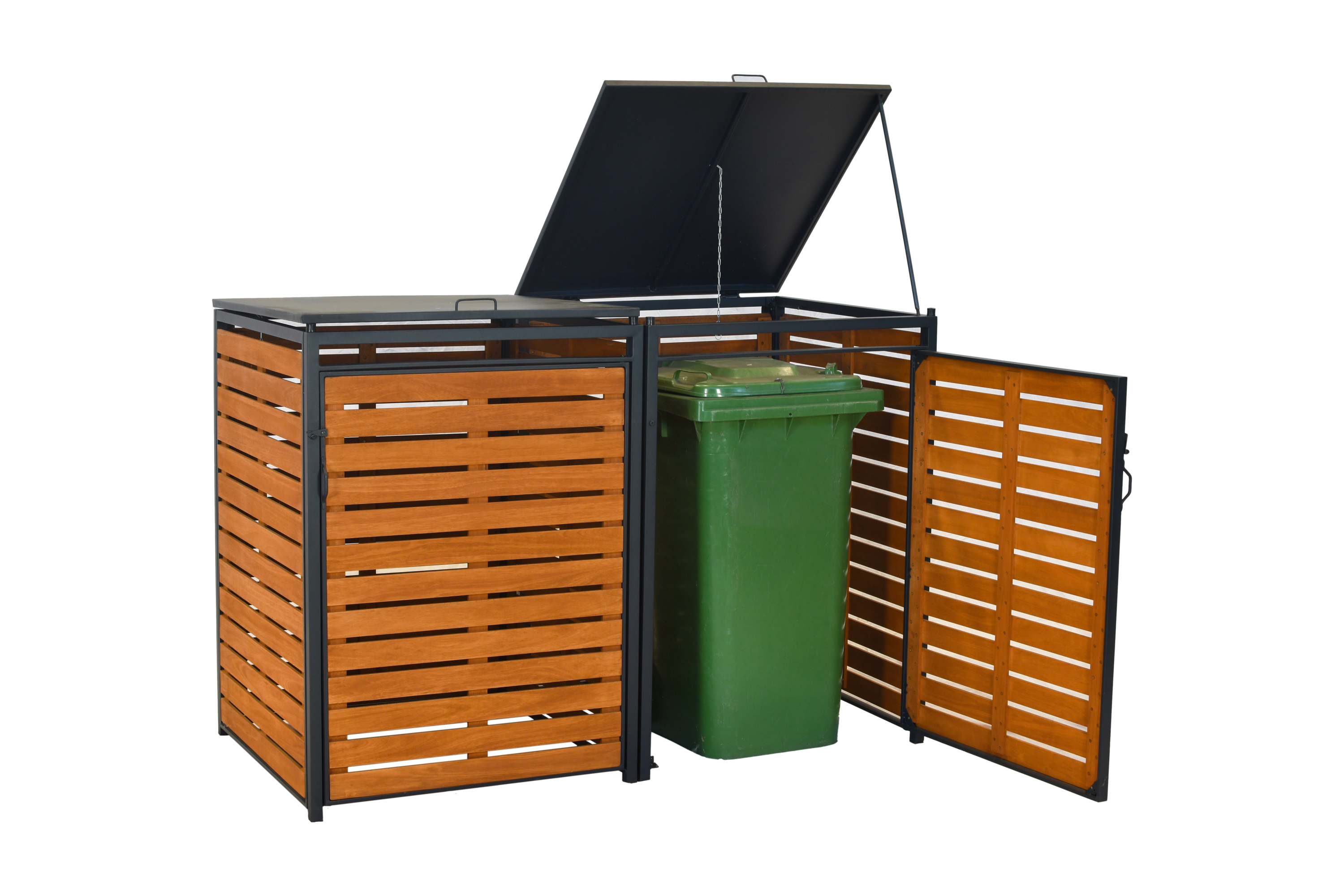 Mülltonnenbox 128x65x107cm für 2x Tonnen klein 120 Liter, Alu graphit + Akazie geölt