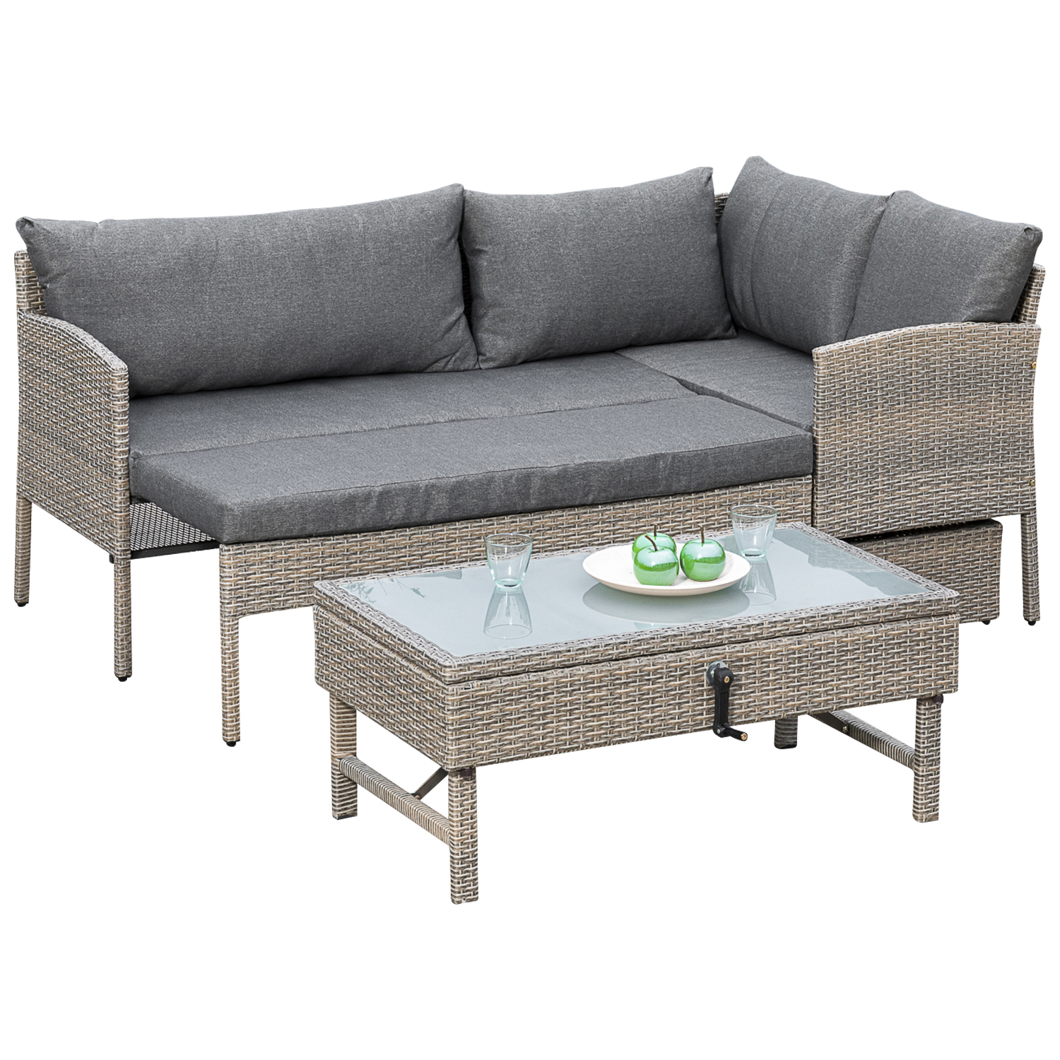 Lounge Set VALLETTA mit Liegefunktion, Stahl + Polyrattan graubeige, Polster grau