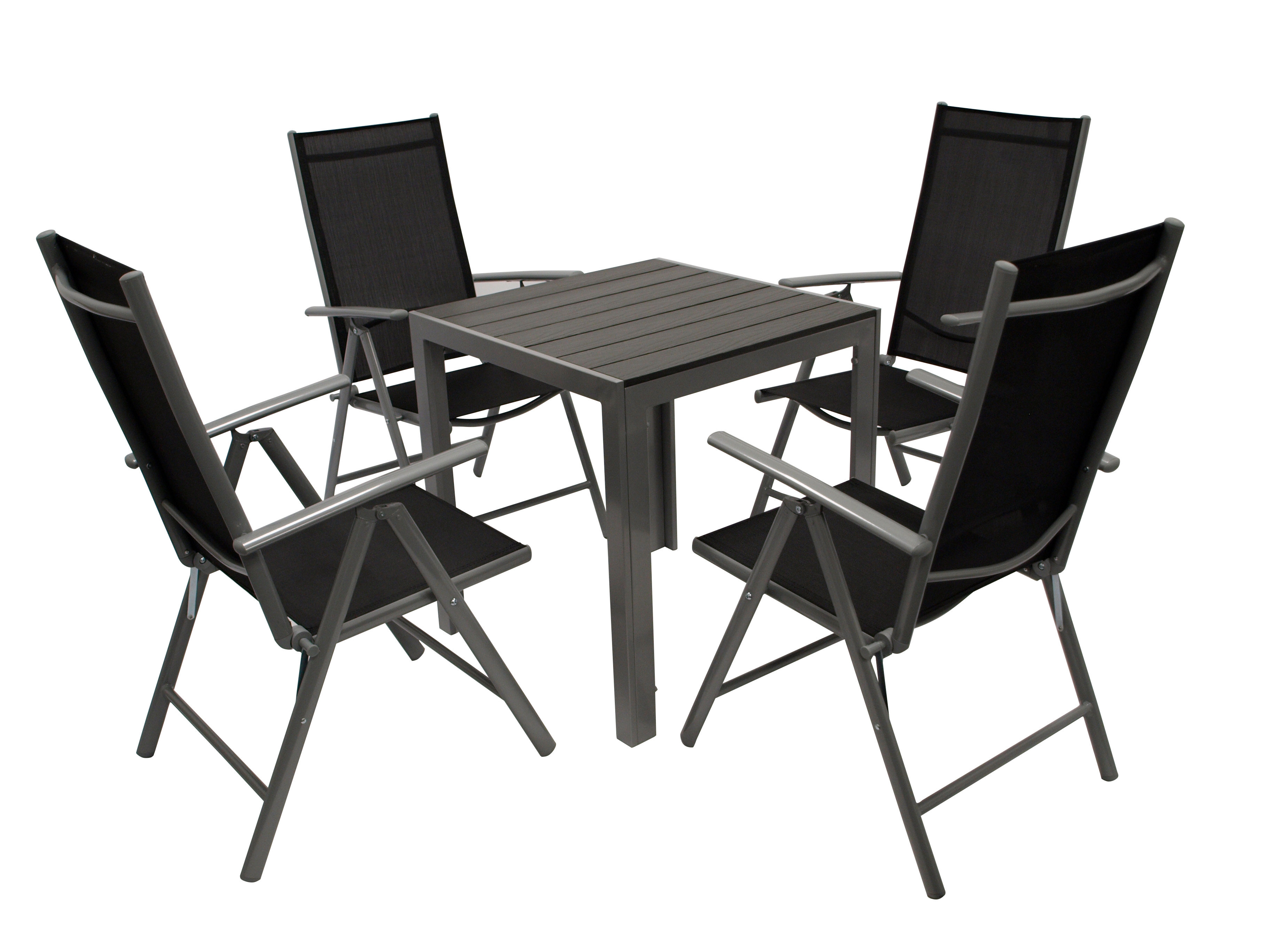 Garnitur SORANO 5-teilig, Alu + Kunstholz + Kunstgewebe schwarz, mit Tisch 70x70cm