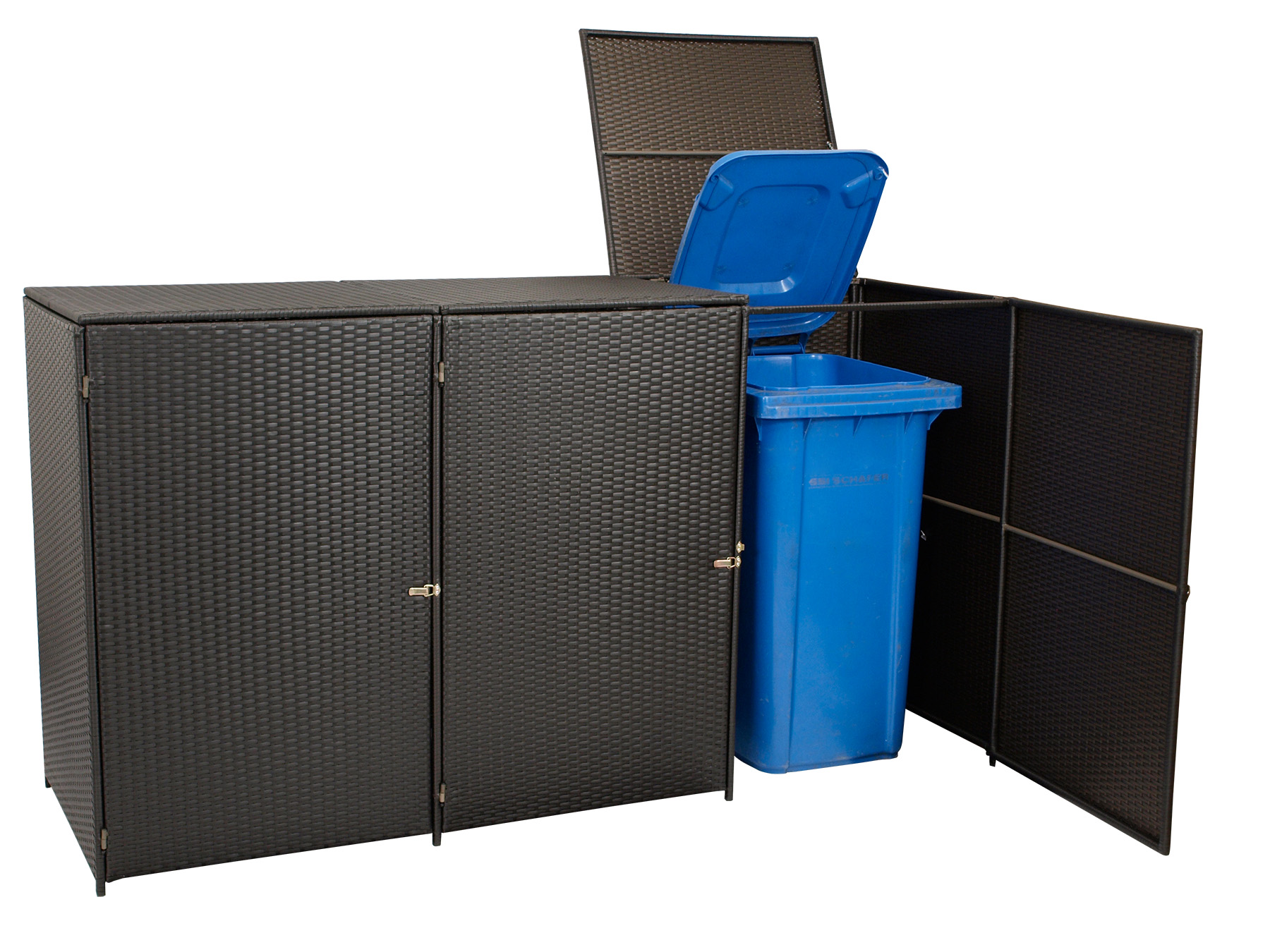 Mülltonnenbox Stahl + Polyrattan mocca, 189x66x109cm, für 3 Tonnen bis 120 Liter