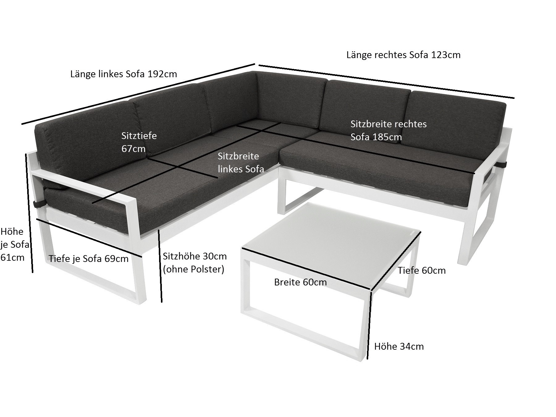 Lounge Set  ARESE, Aluminium weiss, Polster dunkelgrau