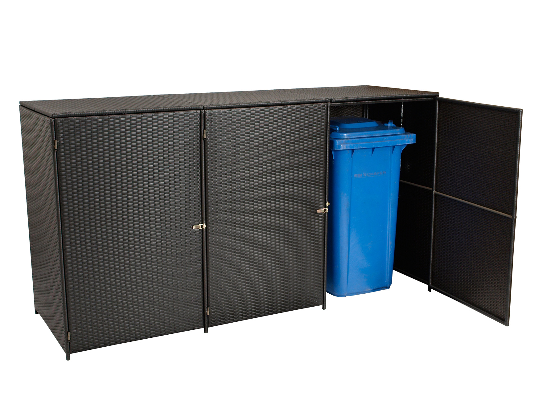 Mülltonnenbox Stahl + Polyrattan mocca, 227x78x123cm, für 3 Tonnen bis 240 Liter