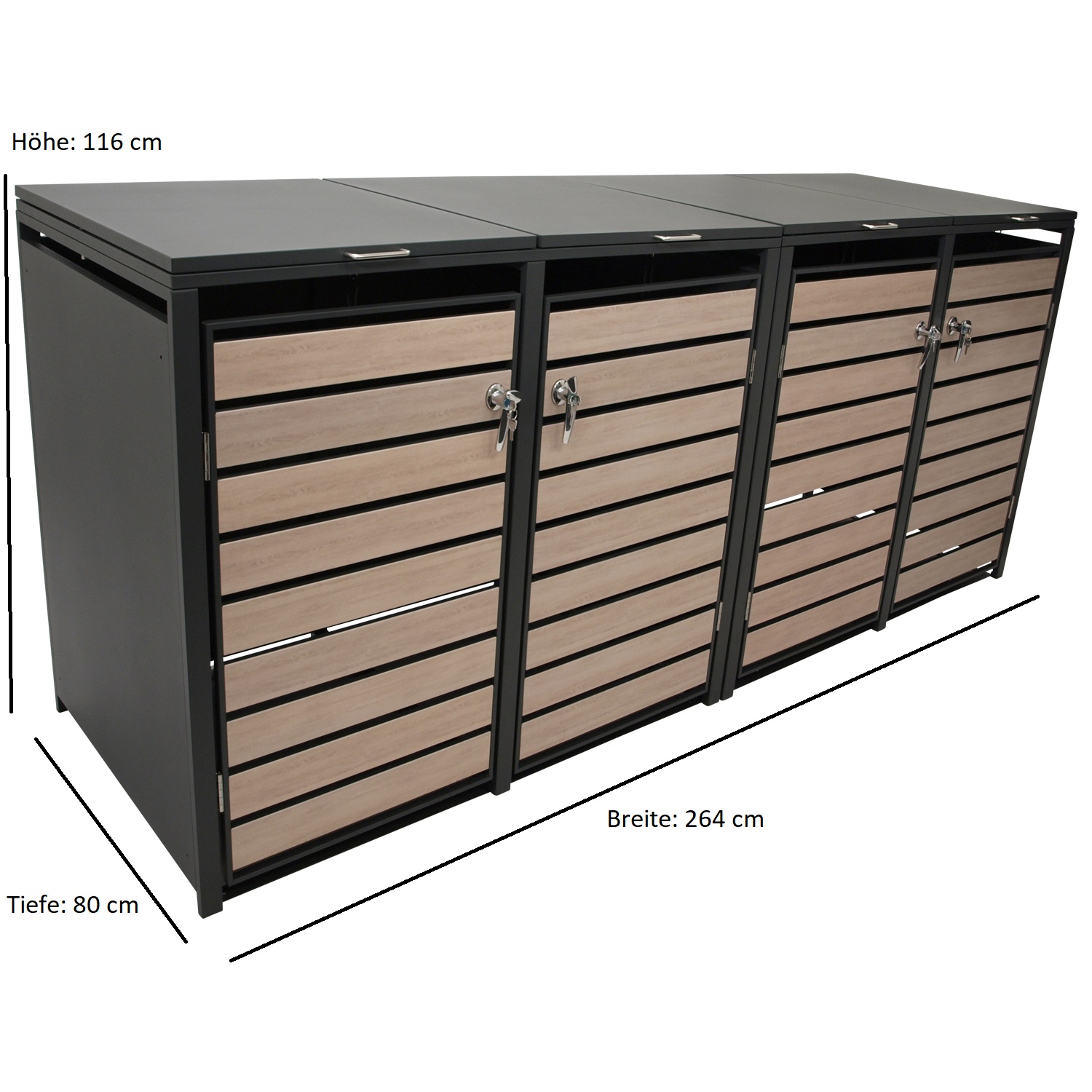 Mülltonnenbox BERLIN Stahl anthrazit mit Türen Holzoptik, 264x80x116cm, für 4x Tonnen 120 und 240 Liter